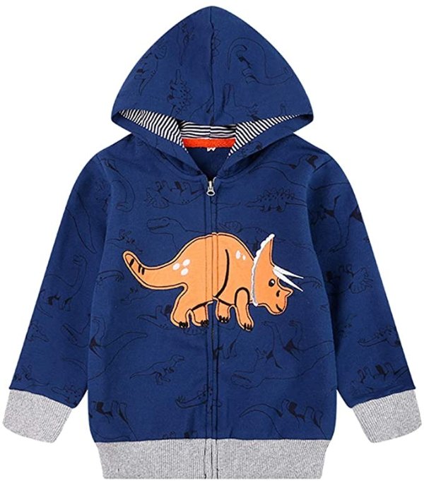 Boys Toddler Cartoon Dinosaur Hoodies Jacket Cool Long Sleeve Zipper Hooded Sport Sweatshirt Coat for Kids 1-7 Years
