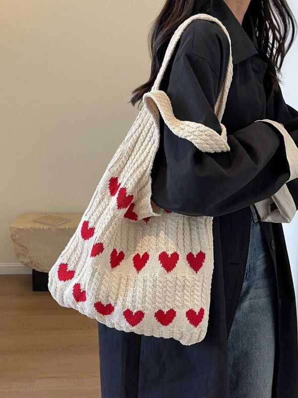 1pc Heart Pattern Color Blocking Crochet Handbag Shoulder Bag Large Capacity Fashion Beach Bag Versatile Commute Bag Large Capacity Knitted Hobo Bag Cute Heart Pattern Tote Bag Womens Casual Crochet Handbag Shoulder Purse