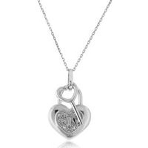 Sterling Silver Diamond Heart Lock & Key Pendant with 18" Chain