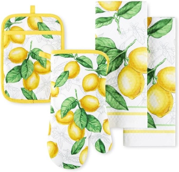 柠檬烤箱手套+厨房毛巾 4件套 