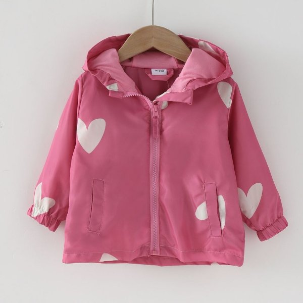 Toddler Girl Heart Print Zipper Hooded Dark Pink Windbreaker
