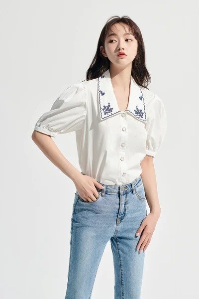 Embroidered Collar Bubble-Sleeve Button-Front Shirt