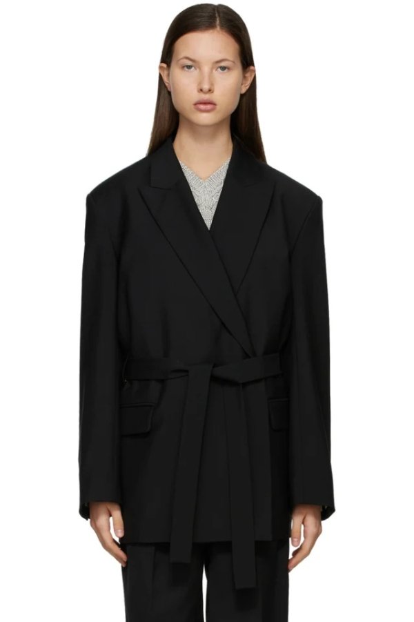 Black Double-Breasted Belted Blazer