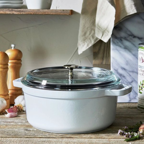 Cast Iron 4 qt, round, Cocotte with glass lid, white