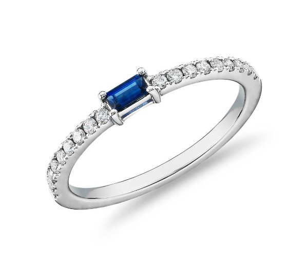 Baguette Sapphire and Diamond Pave Stacking Ring in 14k White Gold (3.5x2mm) | Blue Nile