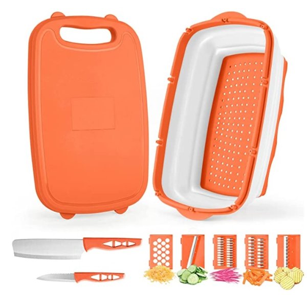 Collapsible Cutting Board, 9-in-1 Multifunctional Cutting Board, Foldable Chopping Board with Colander, Kitchen Vegetable Washing Basket Silicone Dish Tub for BBQ Prep/Picnic/Camping (Orange)