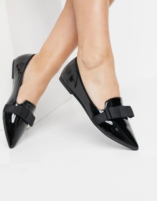 Luan bow pointed ballet flats in Black patent 