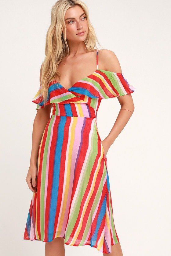 Yacht Rock Red Multi Striped Off-the-Shoulder Midi Dress