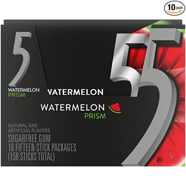 5 GUM Watermelon Prism Sugar Free Chewing Gum, 15 pieces (10 pack)