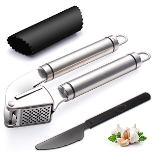 Garlic Press Stainless Steel with Peeler Set for Garlic Cloves Ginger - Easy Clean and Squeeze