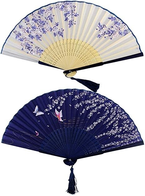 Bantoye 2 Pieces Handheld Fans, Silk Folding Fans with Bamboo Frames for Dancing Cosplay Wedding Party Props Decoration, White Blue