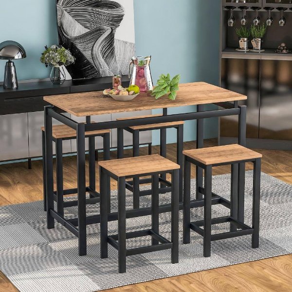 47.2 in. Brown Rectangle MDF Accent Table and Chair Set Kitchen Counter Heigh Dining Table with 5-Pieces