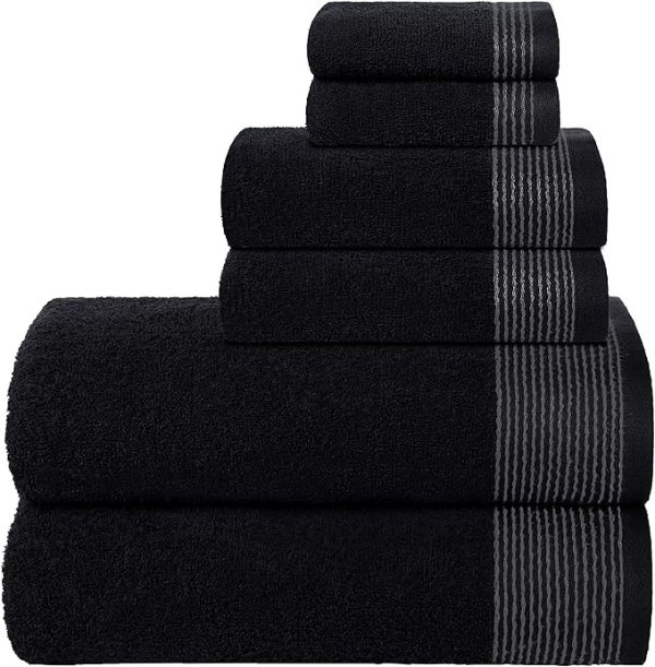 Belizzi Home 100% Cotton Ultra Soft 6 Pack Towel Set, Contains 2 Bath Towels 28x55 inchs, 2 Hand Towels 16x24 inchs & 2 Washcloths 12x12 inchs, Compact Lightweight & Highly Absorbant - Black
