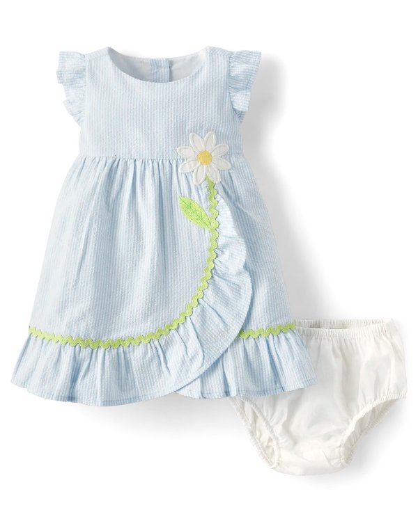Baby Girls Embroidered Daisy Seersucker Ruffle Dress - Spring Celebrations - daybreak