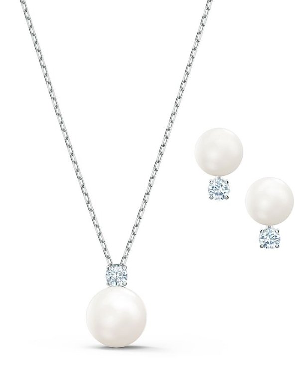 Silver-Tone Crystal & Imitation Pearl Pendant Necklace & Stud Earrings Set