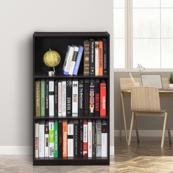 Basic 3-Tier Bookcase Storage Shelves, Dark Walnut