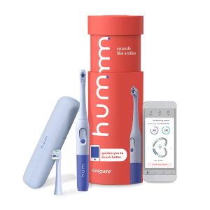 hum by Colgate Smart Battery Toothbrush Kit, Sonic Toothbrush Handle with 2 Refill Heads and Travel Case, Blue