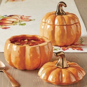 Better Homes and Gardens Set of 2 Orange Pumpkin Lidded Soup Bowls