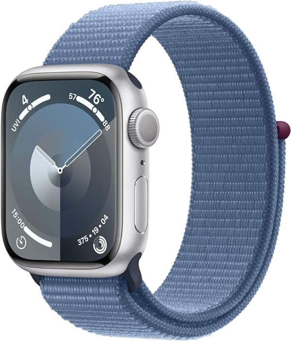 Watch Series 9 [GPS 41mm] Smartwatch with Silver Aluminum Case with Winter Blue Sport Loop One Size. Fitness Tracker, ECG Apps, Always-On Retina Display, Carbon Neutral