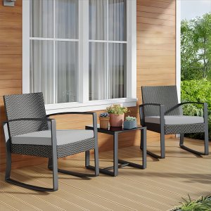 Patio Chairs Set, Outdoor Porch Balcony Furniture Set with Glass Coffee Table, Patio Rocking Wicker Chairs Set with Gray Cushion(Upgraded)