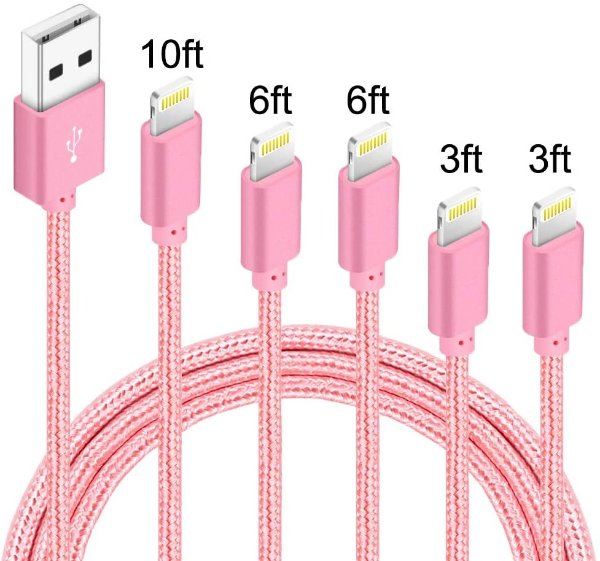 USB-A转Lighting 尼龙数据线 5根 (0.9米x2 1.8米x2 3米x1)