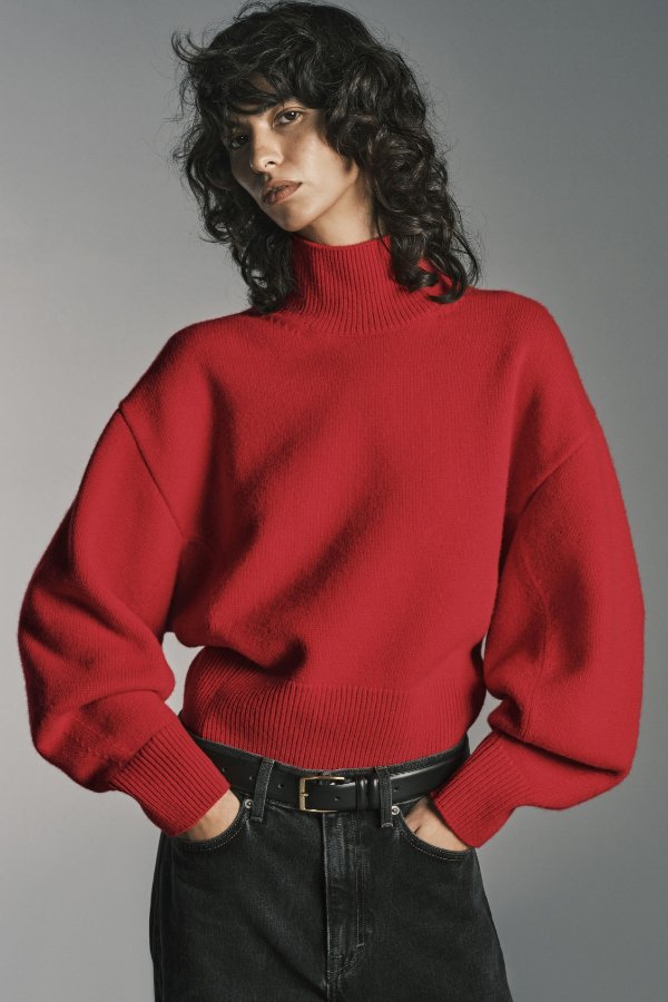 FUNNEL-NECK WAISTED WOOL SWEATER
