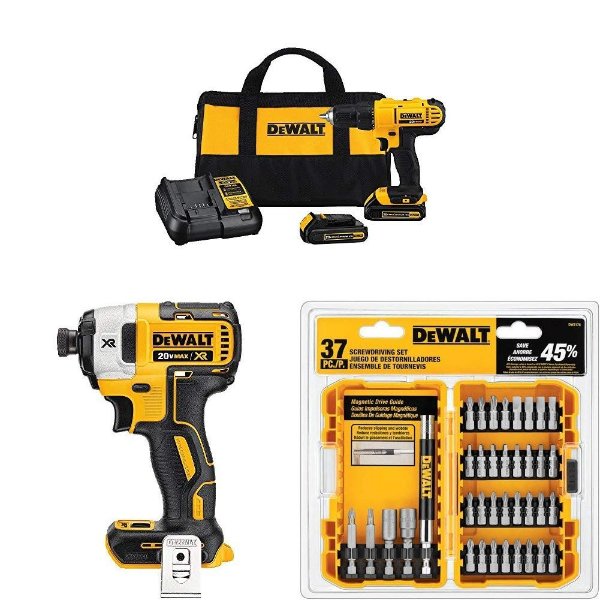 DCD771C2 20V MAX Cordless Lithium-Ion 1/2 inch Compact Drill Driver Kit + Speed Impact Driver + Piece Screwdriving Set
