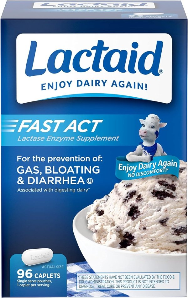 Lactaid Fast Act Lactose Intolerance Relief Caplets with Lactase Enzyme, 96 Count
