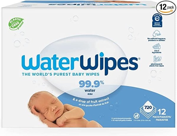 Plastic-Free Original Baby Wipes, 99.9% Water Based Wipes, Unscented & Hypoallergenic for Sensitive Skin, 720 Count (12 packs), Packaging May Vary
