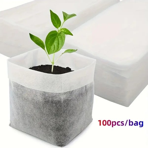 100pcs Biodegradable Seed Nursery Bags, Non-Woven Plants Grow Bags, Fabric Seedling Pots Plants Pouch, Home Garden Supply, Seedling Plant Nursery Bags For Soil Transplant Pouches Agricultural Production Supply 3.15x3.94in