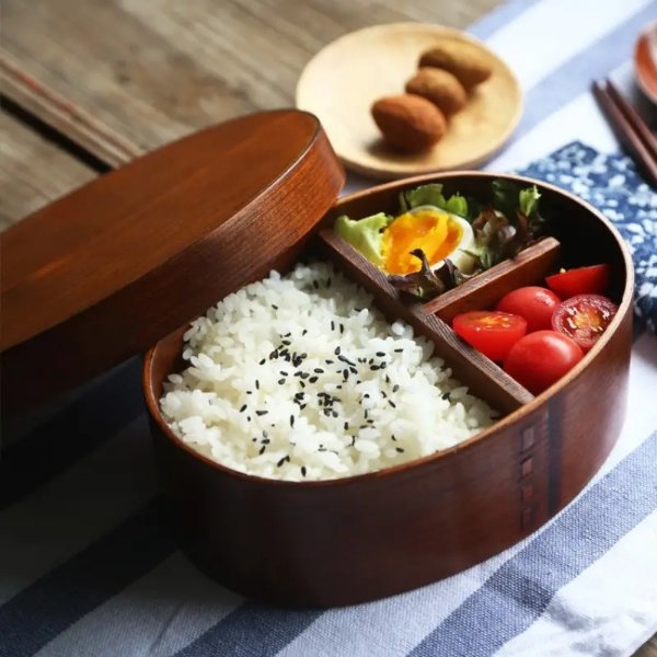 1pc Japanese Style Lunch Box, Oval Brown Wooden Sushi Lunch Box, Simple Creative Wooden Tableware, Adult Outdoor Travel Picnic Lunch Box, Square Partitioned Lunch Box, Leak-proof Food Container, Household Kitchen Supplies