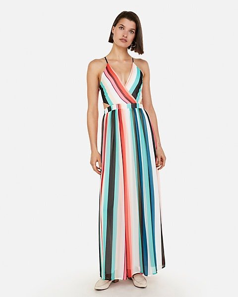 Striped Surplice Front Lace-up Back Maxi Dress