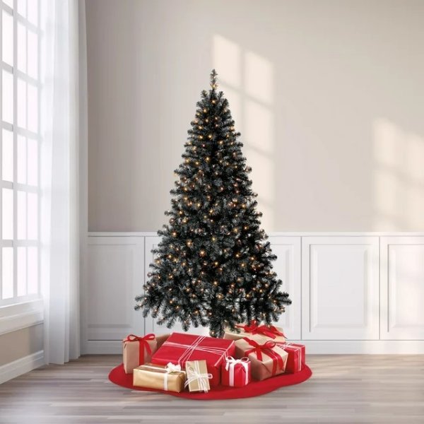 Holiday Time 6.5 ft Pre-Lit Madison Pine Black Artificial Christmas Tree, Clear Incandescent Lights,