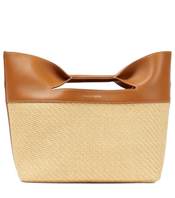 The Bow leather and raffia-effect tote bag