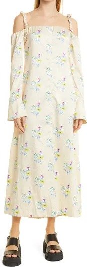 Floral Print Off the Shoulder Long Sleeve Crinkled Satin Maxi Dress