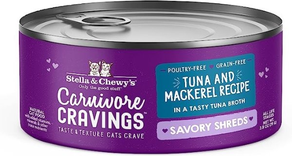 Stella & Chewy’s Carnivore Cravings Savory Shreds Cans – Grain Free, Protein Rich Wet Cat Food – Wild-Caught Tuna & Mackerel Recipe – (2.8 Ounce Cans, Case of 24)