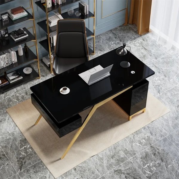 71" Modern Black and Gold Office Wooden Executive Desk with Storage File Cabinet-Homary