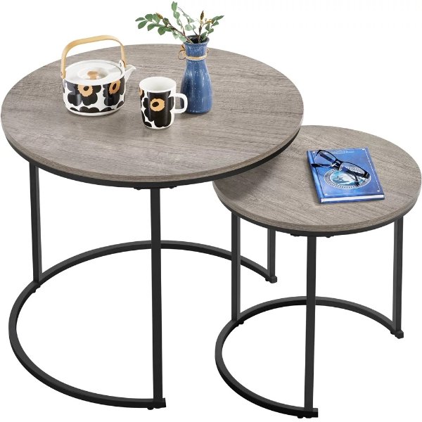 Nesting Coffee Table with Round Wooden Tabletop for Living Room, Gray