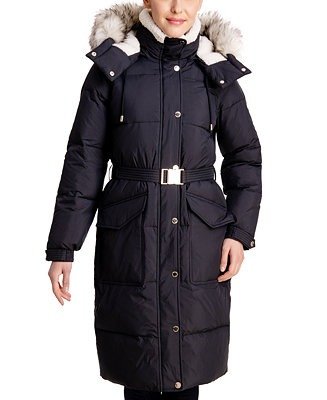 Women's Belted Faux-Fur-Trim Hooded Down Puffer Coat, Created for Macy's