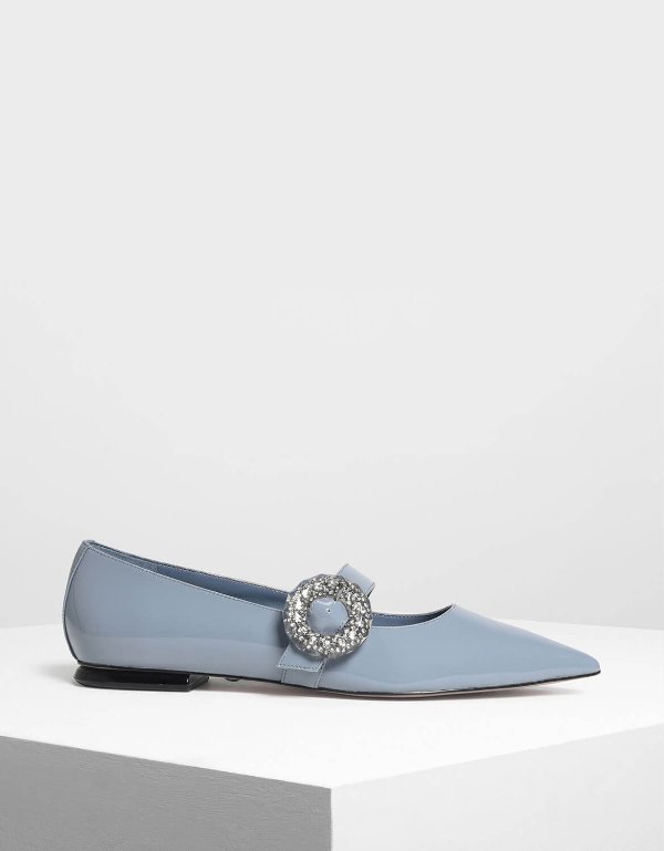 Light Blue Crushed Gem Effect Buckle Leather Flats | CHARLES & KEITH US