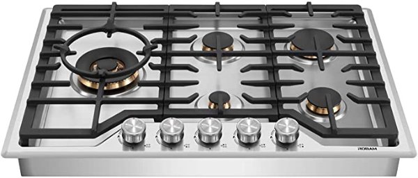 G513 30” Gas Cooktop Stove with 5 Italian-Made DEFENDI Burners (Pure Copper) | 20,000 BTU w/Flame Failure System, Matte Cast Iron Grates (Including Wok Grate) | Natural Gas Or LPG