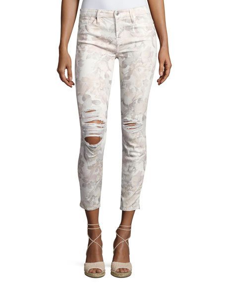 The Ankle Skinny Floral-Print Jeans with Distressing, White