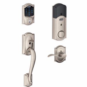 Schlage Connect Camelot Satin Nickel Touchscreen Deadbolt with Alarm and Handleset with Accent Interior Lever