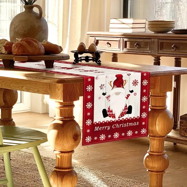1pc, Linen Table Runner, Christmas Theme Table Runner, Gnome Snowflake Pattern Table Runner, Seasonal Winter Xmas Holiday Kitchen Dining Table Decoration, For Indoor Outdoor Home Party Decor