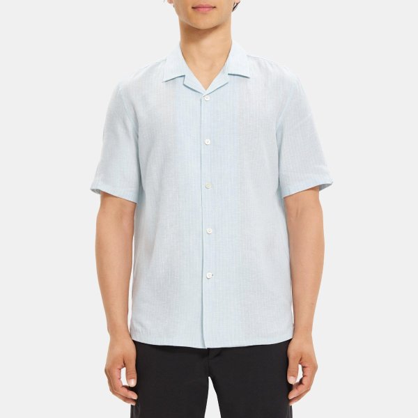 Short-Sleeve Camp Shirt in Striped Linen-Tencel