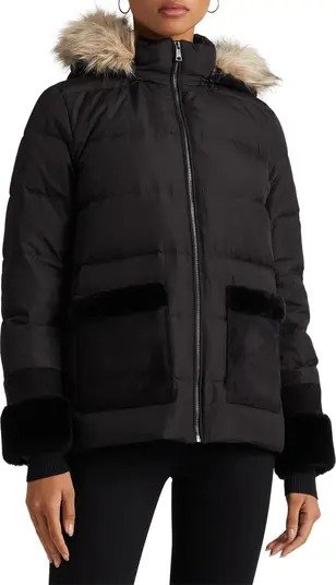 Down & Feather Puffer Jacket with Faux Fur Trim