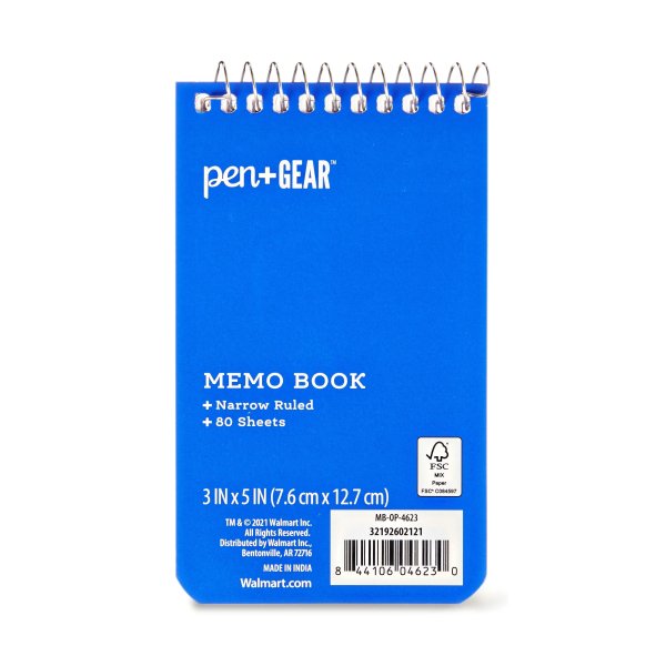 Memo Book, 3x5, Narrow Ruled Notebook, 80 Sheets, Blue Paper Cover, 1 count