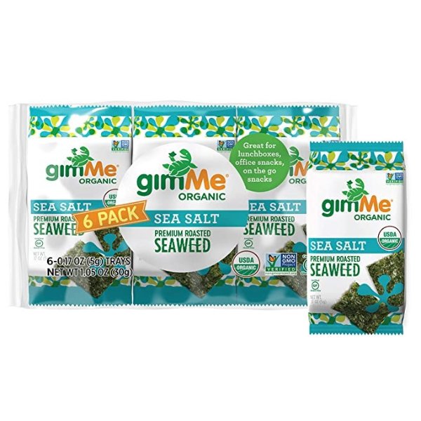 gimMe Organic Roasted Seaweed Sheets Sea Salt Keto Vegan Gluten Free Great Source of Iodine and Omega 3’s Healthy OnTheGo Snack for Kids Adults, 6 Count