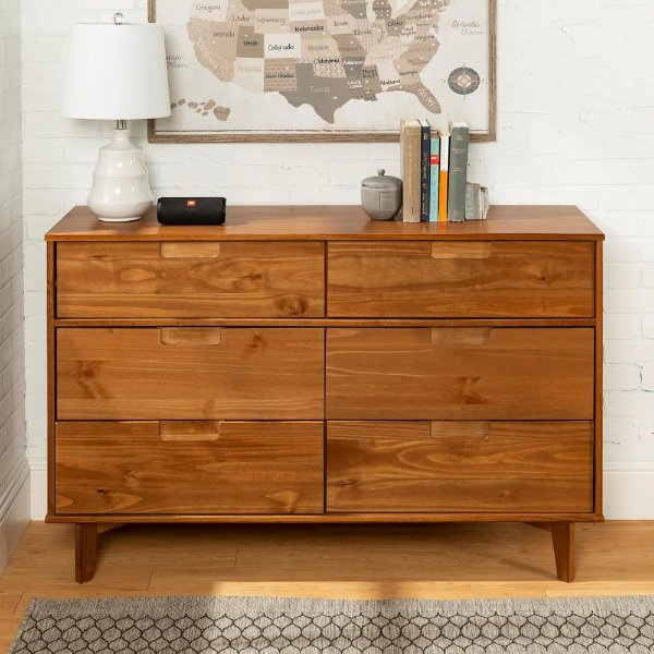 6-Drawer Caramel Mid Century Modern Wood Dresser