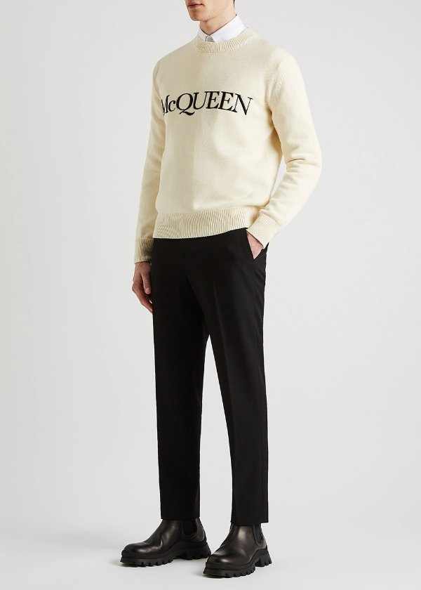 Ivory logo-embroidered cotton jumper